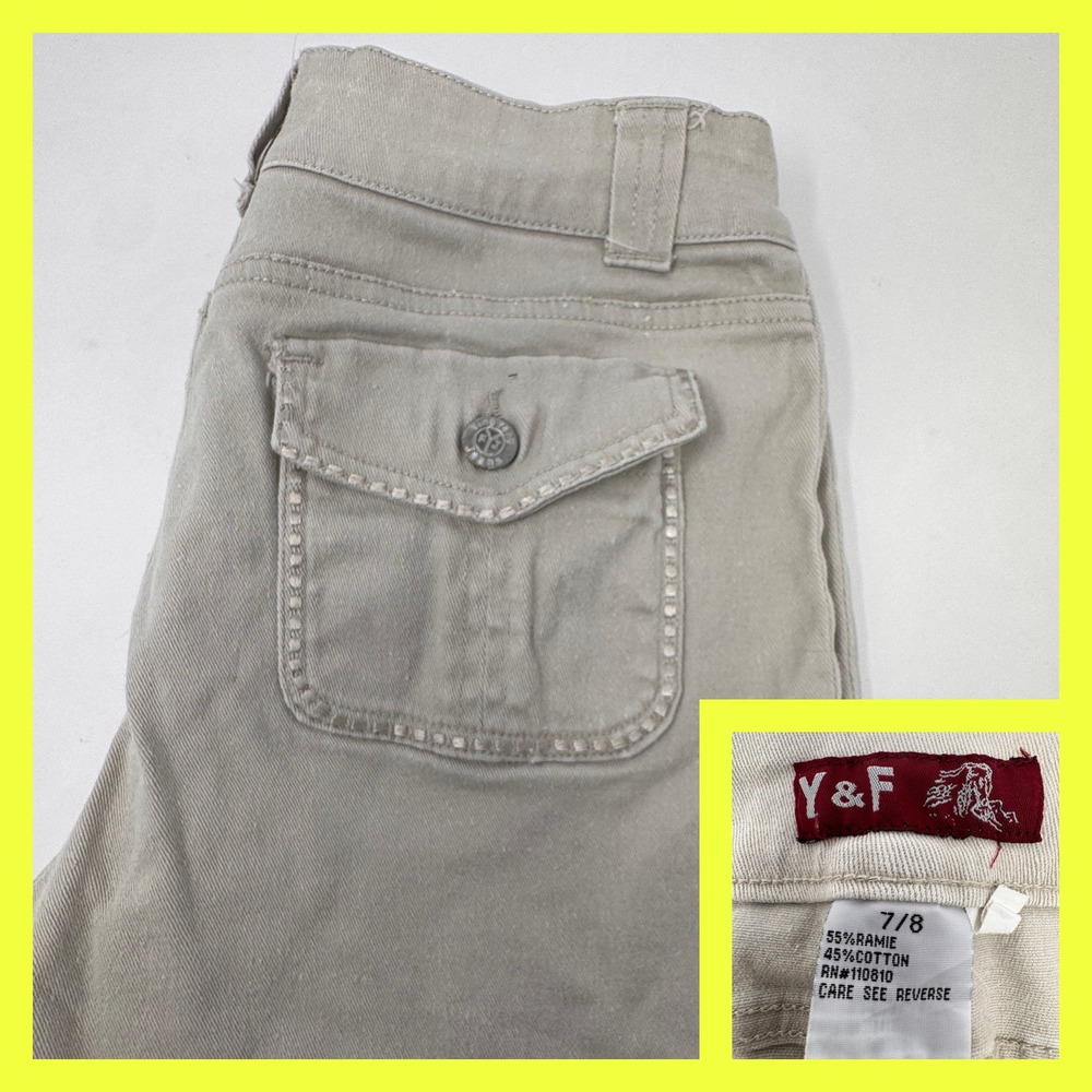 Y&F Cropped Capri Pants Women 7/8 Khaki Tan Ramie Cotton Cargo Flap‎ Pockets